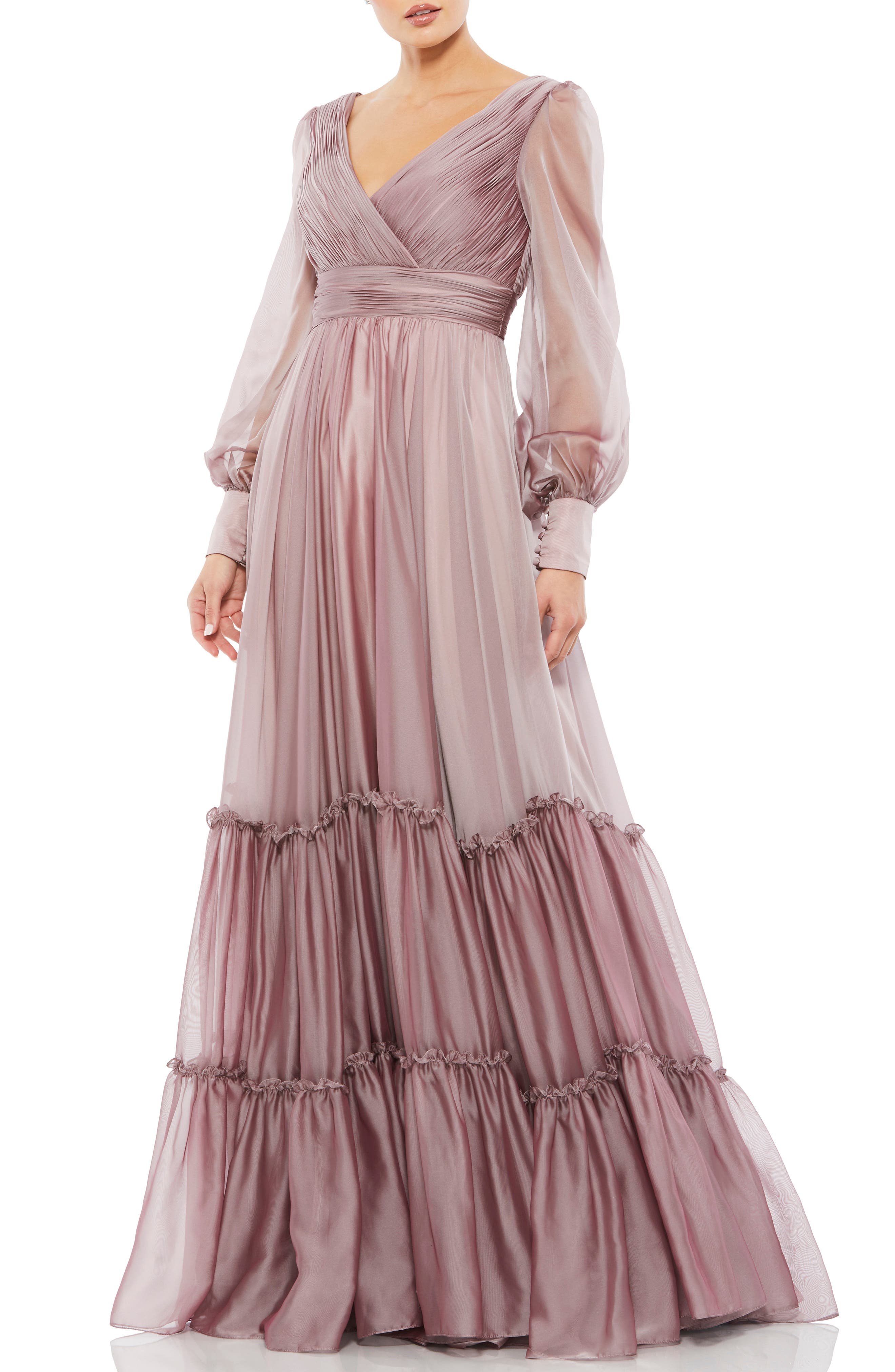 Long Sleeve Satin ☀ Chiffon Tiered Gown ...